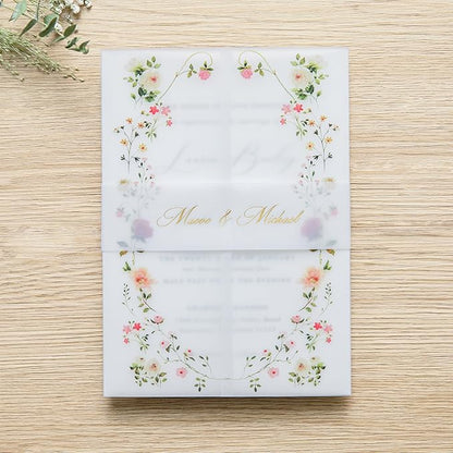 PONATIA 50PCS Vellum Jackets for 5x7 Invitation Cards- 135GSM Wild Flowers Printed Vellum Sleeves, Quinceanera Wedding Invitation Cards Wraps, Transparent Christmas Gift Cards Jackets