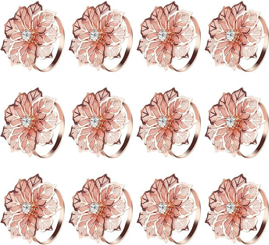 KPOSIYA Hollow Out Flower Napkin Ring Holder Metal Napkin Rings Set of 20 for Wedding Party Holiday Banquet Christmas Dinner Delicate Serviette Buckles Decor Favor (20, Flower-Rose Gold)