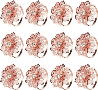 KPOSIYA Flower Napkin Rings Holder Metal Rose Gold Napkin Rings Set of 6 for Wedding Party Holiday Banquet Christmas Dinner Delicate Serviette Buckles Decor Favor (6, Rose Gold)
