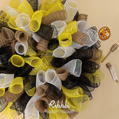 Ribbli 2 Rolls Yellow Mesh Ribbon,10 inch x 30 feet(10Yard) Each Roll,Metallic Yellow with Gold Foil,Use for Wreath Swags and Decorating