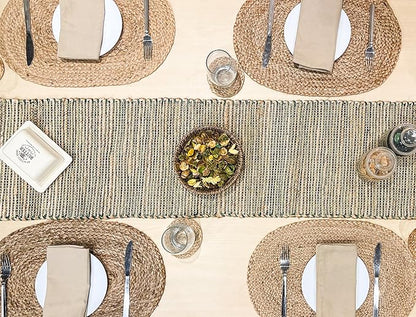 Chardin Home Natural Jute Table Runner 13x72 Inch – Vintage Boho Rustic Table Decor – Handwoven Table Runner in Natural Jute and Green – Farmhouse Dining or Console Table Accent