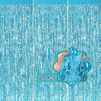 3 Pack Blue Wavy Tinsel Foil Fringe Curtain - 6.6 ft x 3.3 ft Foil Backdrop Photo Booth Props for Mermaid Birthday Under The Sea Party,Baby Shark Birthday Decorations