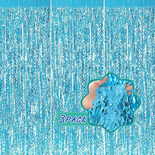 3 Pack Blue Wavy Tinsel Foil Fringe Curtain - 6.6 ft x 3.3 ft Foil Backdrop Photo Booth Props for Mermaid Birthday Under The Sea Party,Baby Shark Birthday Decorations