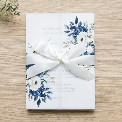 PONATIA 50PCS Vellum Jackets for 5x7 Invitation Cards- 135GSM Dusty Blue Flowers Vellum Sleeves, Wedding Invitations Wraps - Transparent Christmas Gift Cards Jackets