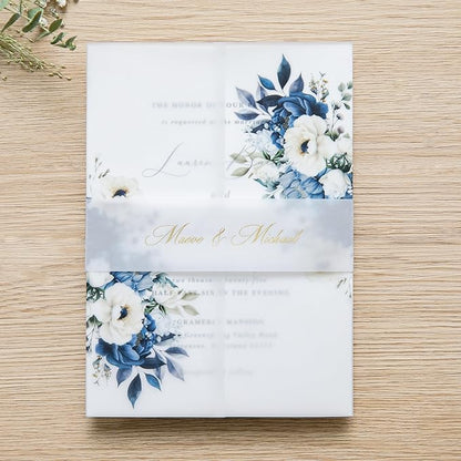 PONATIA 50PCS Vellum Jackets for 5x7 Invitation Cards- 135GSM Dusty Blue Flowers Vellum Sleeves, Wedding Invitations Wraps - Transparent Christmas Gift Cards Jackets