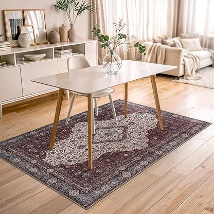Bloom Rugs Washable Non-Slip 4' x 6' Rug - Red/Green/Cream Traditional Medallion Area Rug for Living Room, Bedroom, Dining Room, and Kitchen - Exact Size: 4' x 6'