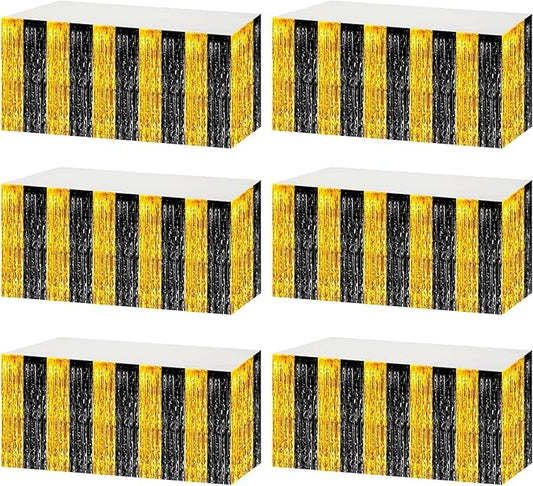 6 Pack 29x108 Inch Black Gold Metallic Foil Fringe Tinsel Table Skirts for Rectangle Tables Streamer Curtains Backdrop for Wedding, Parade Floats, Valentine's Day Birthday Graduation Party Decoration