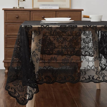 LinenZone Square Black Tablecloth for Rustic Vintage Decor. Sheer Lace Table Cloth Works Great As Wedding Tablecloth or Thanksgiving Table Cover. (Mia TC 60 x 60, Black)