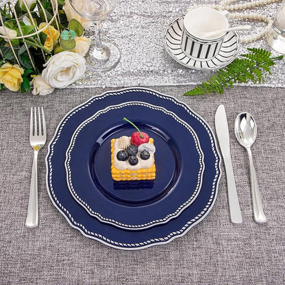 Hioasis 60pcs Blue Plastic Plates - Blue and Silver Disposable Dinnerware with Gold Rim, Heavy-duty, 10.25 inch, Dinner Plates for Party & Wedding