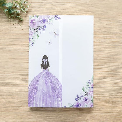 PONATIA 50 PCS Vellum Jackets for 5x7 Invitations - Vellum Paper 5x7 Jackets - 135GSM Purple Girl Flowers Quinceanera Invitation Transparent Wraps (Purple Girl)