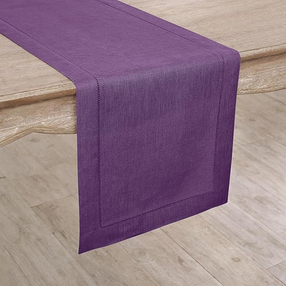 Solino Home Linen Purple Table Runner 60 Inches - Classic Hemstitch, 100% Pure Linen Coffee Table Runner 14 x 60 Inch Ideal for Dresser Tables - Fall, Autumn, Halloween, Thanksgiving, Holiday