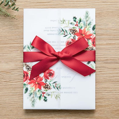 PONATIA 50 PCS 135gsm Vellum Jackets for 5x7 Wedding Invitation Cards- Christmas Red Floral Printed Vellum Sleeves, Invitation Cards Wraps, Christmas Cards Jackets