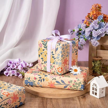 RUSPEPA Kraft Floral Wrapping Paper Roll for Girls Women, Mini Roll, Garden Flower Design, Wildflower Kraft Gift Wrap for Birthday, Spring, Summer, Mother's Day, Bridal Shower, 17 Inches x 9.8 Feet