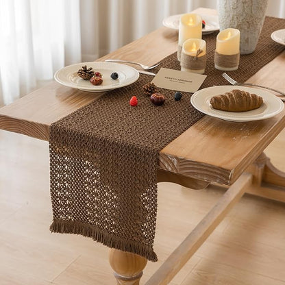 Boho Brown Table Runner for Home Decor 12x48 Inches Farmhouse Macrame Burlap Jute Rustic Dining Kitchen Centerpiece Bohemian Decor French Country Baby Bridal Shower Decorations