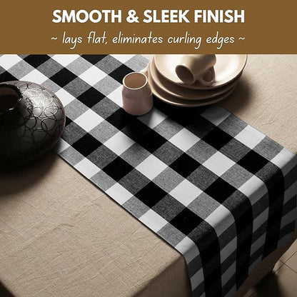 Native Fab Buffalo Check Plaid Table Runner, 100% Cotton, 13x108 Inches, Rustic Farmhouse Kitchen and Dining Décor, Perfect for Weddings, Halloween, Holiday Gatherings, Black and White