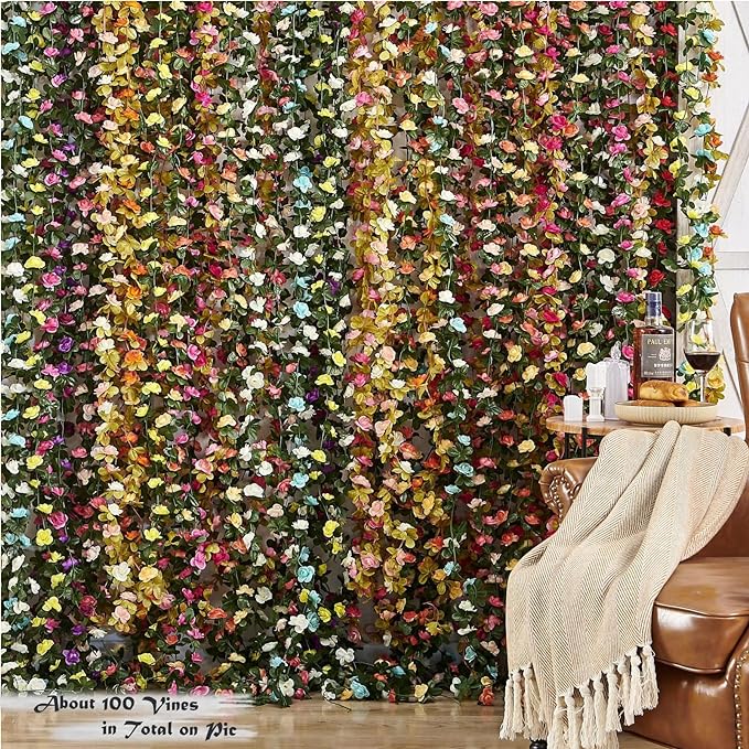 8 Pcs x 8.2 ft Flower Garland Artificial Rose Vine Flowers with Green Leaves Hanging Fake Roses Vine for Room Party Home Wedding Birthday Christmas Wall Arch Decor, Spring Red Flower