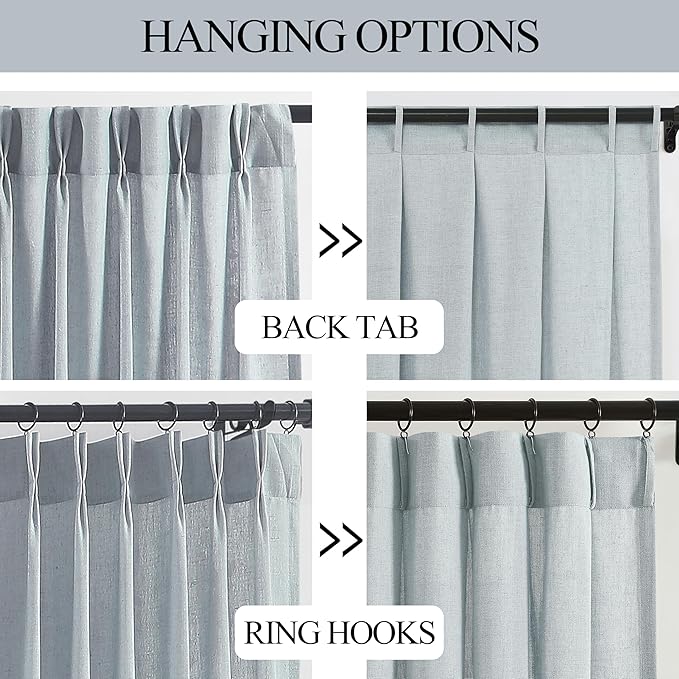Vision Home Blue Grey Pinch Pleated Semi Sheer Curtains Textured Linen Blended Light Filtering Window Curtains 63 inch for Living Room Bedroom Pinch Pleat Drapes with Hooks 2 Panels 40" Wx63 L