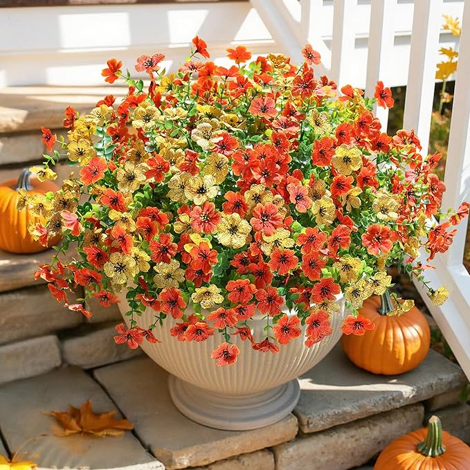 HyeFlora Artificial Fall Flowers Faux Mums for Outdoor Indoor Garden Home Decoration, Faux Flower Daisy with Eucalyptus Leaves Fake Mums Plants Greenery Boxwood Porch Patio, 12 Bundles (OrangeYellow)