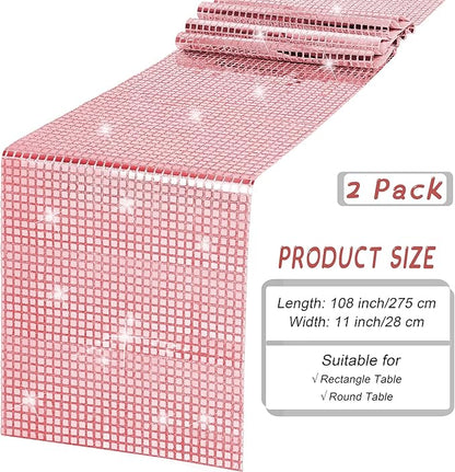 Durony 2 Pack Disco Table Runner 11 x 108 Inch Mirror Rose Gold Glitter Foil With Sparkle Sequin for Bachelorette, 70s, Cowgirl Party Decorations