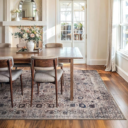 Bloom Rugs Washable Non-Slip 8' x 10' Rug - Light Tan/Blue Traditional Oriental Area Rug for Living Room, Bedroom, Dining Room, and Kitchen - Exact Size: 8' x 10'