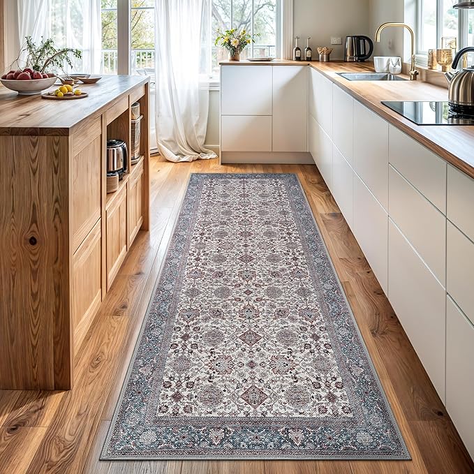 Bloom Rugs Washable Non-Slip 10 ft Runner - Teal/Blue/Beige Traditional Oriental Runner for Entryway, Hallway, Bathroom, and Kitchen - Exact Size: 2.5' x 10'
