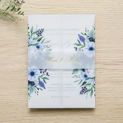 PONATIA 50 PCS Vellum Jackets for 5x7 Invitation Cards - 135GSM Royal Blue Flowers Vellum Sleeves, Transparent Gift Card Jackets