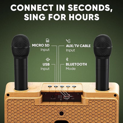 MASINGO Karaoke Machine for Adults and Kids with 2 Wireless Microphones, Portable Bluetooth Singing Speaker, Colorful LED Lights, PA System, Lyrics Display Phone Holder, and TV Cable. Presto G2 Wood