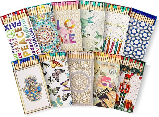 Decorative Matches Box -4-Inch Long Matches for Candles with Strike - Wooden Colorful Candle Sticks with Rainbow Tips - 50 Pc Match Sticks - Matchbox Designs of Your Choice (4 Unique Box Designs)