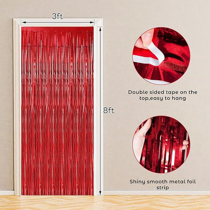 BTSD-home Red Foil Fringe Curtain, Metallic Photo Booth Backdrop Tinsel Door Curtains for Wedding Birthday Bridal Shower Baby Shower Bachelorette Christmas Party Decorations(4 Pack, 8ft x 3ft)
