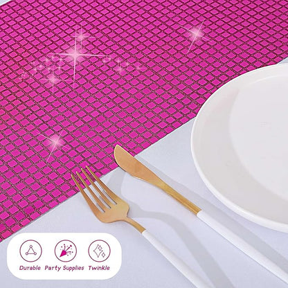 Durony 6 Pack Disco Table Runner 11 x 108 Inch Mirror Hot Pink Glitter Foil With Sparkle Sequin for Bachelorette, 70s, Cowgirl Party Decorations