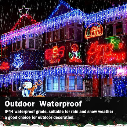 KNONEW Christmas Lights Outdoor Decorations 400 LED 33ft 8 Modes Curtain String Light with 75 Drops, Clear Wire LED Fairy Light Indoor Decor for Wedding Party Christmas Decorations(Blue)