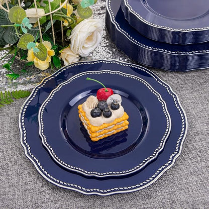 Hioasis 60pcs Blue Plastic Plates - Blue and Silver Disposable Dinnerware with Gold Rim, Heavy-duty, 7.5 inch, Dessert Plates for Party & Wedding
