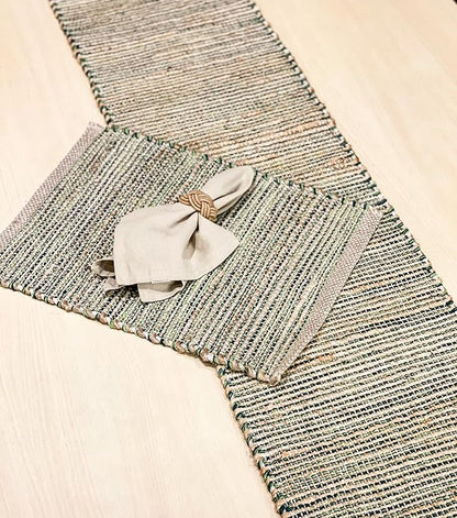 Chardin home Natural Jute Table Runner 13x90 Inch – Vintage Boho Rustic Table Decor – Handwoven Table Runner in Natural Jute and Green – Farmhouse Dining or Console Table Accent