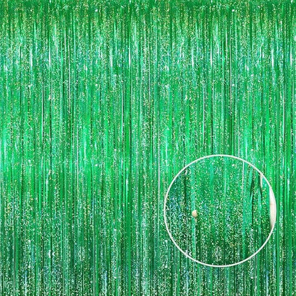 GOER 3.2 ft x 8.2 ft Metallic Tinsel Foil Fringe Curtains Party Photo Backdrop Party Streamers for Birthday,Graduation,New Year Eve Decorations Wedding Decor(5 Packs,Shiny Green)