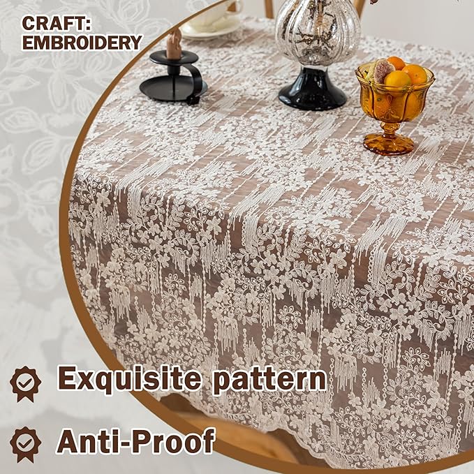 Lace Embroidered Tablecloth. Square Lace Vintage Tablecloth Dustproof Table Protector for Kitchen Dining Room Party Banquet Home Picnic Wedding Decoration (Creamy White 53×53 inch)