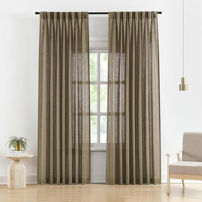 Vision Home Brown Pinch Pleated Semi Sheer Curtains Textured Linen Blended Light Filtering Window Curtains 95 inch for Living Room Bedroom Pinch Pleat Drapes with Hooks 2 Panels 40" Wx95 L