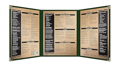 Goodsmart Restaurant Menu Covers – 25 Pack Green 6-View Trifold 8.5" x 11", Side-Loading Vinyl & Plastic Menu Holders, Clear Menu Sleeves, Leather-Style Café Covers with Gold Corners