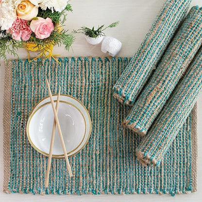 Chardin Home Natural Jute & Aqua Turquoise Placemats, Set of 4 – Rustic Handmade Boho Table Mats, 13x19 in Dining Table Placemats - Kitchen, Everyday Meals, Holidays, Farmhouse or Modern Table Décor
