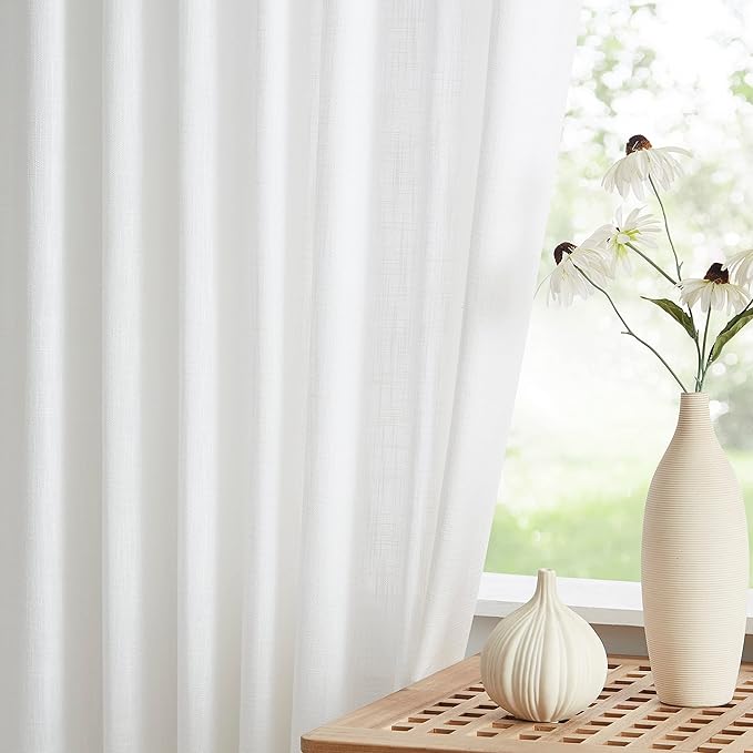 Vision Home White Pinch Pleated Semi Sheer Curtains Textured Light Filtering Window Curtains 90 inch for Living Room Bedroom Patio Rayon Blended Pinch Pleat Drapes with Hooks 1 Panel 80" Wx90 L