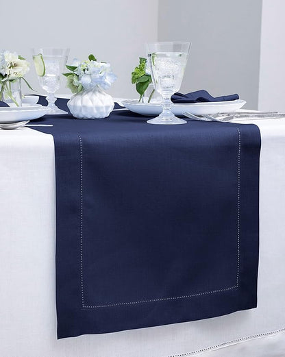 Solino Home Linen Navy Blue Table Runner 120 Inches Long - 100% Pure Linen Hemstitch 14 x 120 Inch Table Runner for Dining, Fall, Autumn, Thanksgiving, Christmas - Classic Hemstitch