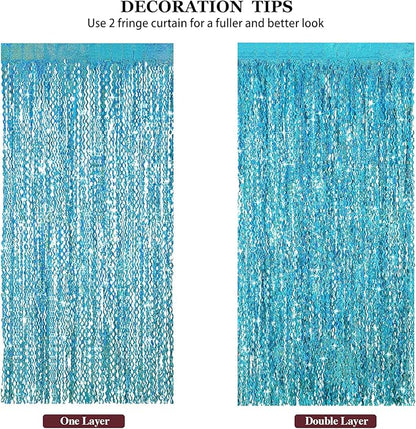 4 Pack Teal Aqua Blue Wavy Foil Fringe Curtains Party Decorations - 3.3 ft x 6.6 ft Sparkle Streamer Tinsel Curtain Party Photo Backdrops for Birthday Party Christmas Graduation Decoration