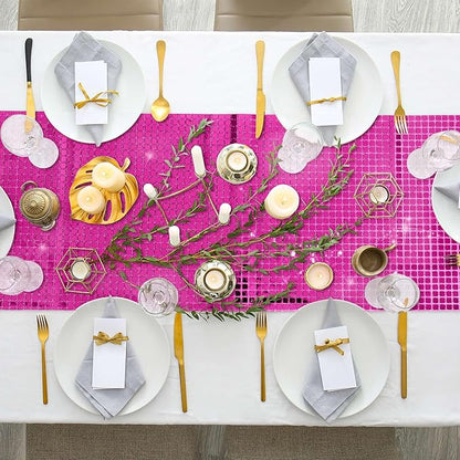 Durony 4 Pack Disco Table Runner 11 x 108 Inch Mirror Hot Pink Glitter Foil With Sparkle Sequin for Bachelorette, 70s, Cowgirl Party Decorations