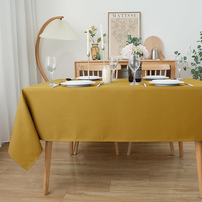 Biscaynebay Textured Fabric Rectangle Christmas Tablecloths 70x108 Inch, Gold Water Resistant Tablecloths for Dining, Kitchen, Wedding, Parties etc. Machine Washable
