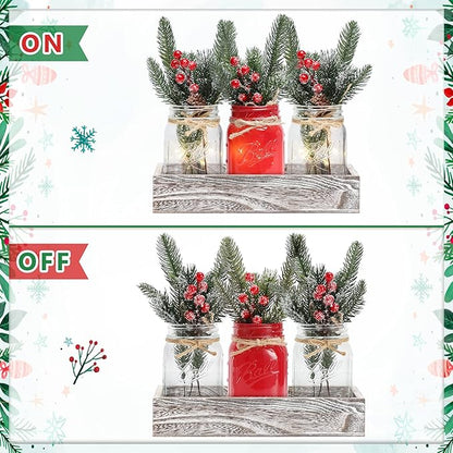 Christmas Mason Jars, Christmas Centerpiece Table Settings, Wood Tray with 3 Painted Jars, Dining Coffee Table Centerpiece, For Kitchen, Living Room, Red Mason Jar Decor with Flowers