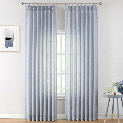 Vision Home Blue Pinch Pleated Semi Sheer Curtains Textured Light Filtering Window Curtains 84 inch for Living Room Bedroom Rayon Blended Chambray Blue Pinch Pleat Drapes with Hooks 2 Panels 40"Wx84"L