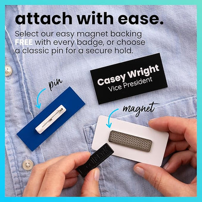 ExcelMark Custom Name Tag - Engraved Name Badge with Pin or Magnetic Backing, 16 Colors, 6 Fonts, and 2 Sizes to Choose from (Black w/Gold Letters, 1.5"x 3")