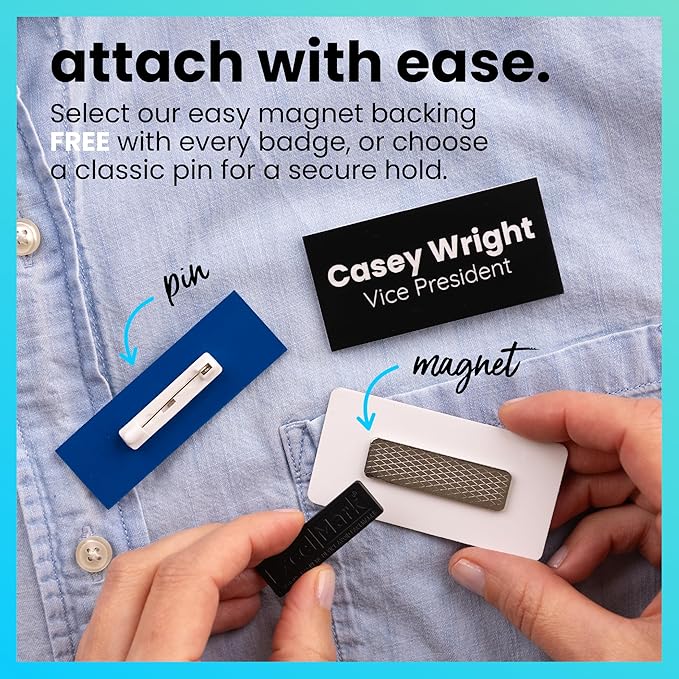 ExcelMark Custom Name Tag - Engraved Name Badge with Pin or Magnetic Backing, 16 Colors, 6 Fonts, and 2 Sizes to Choose from (White w/Black Letters, 1"x 3")