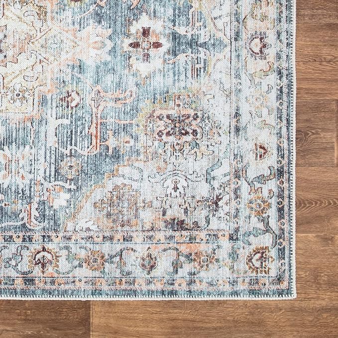 Bloom Rugs Washable Non-Slip 8' x 10' Rug - Teal/Peach Traditional Area Rug for Living Room, Bedroom, Dining Room, and Kitchen - Exact Size: 8' x 10'