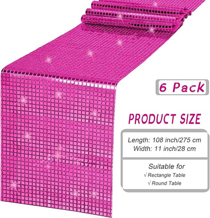Durony 6 Pack Disco Table Runner 11 x 108 Inch Mirror Hot Pink Glitter Foil With Sparkle Sequin for Bachelorette, 70s, Cowgirl Party Decorations