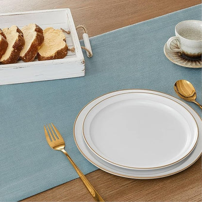 ZeeMart Linen Textured Border Table Runner, 14 x 90 Inch Blue, Farmhouse Style Dusty Blue Table Runners 90 Inches Long, Easy Care Everyday Polyester Table Runner